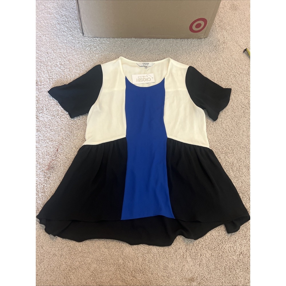 New NWT Crosby by Mollie Burch Blouse Blue Black Colorblock Pullover Small Top‎